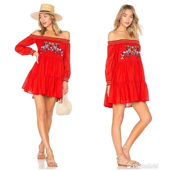 FREE PEOPLE Sunbeams Mini Dress Off‎ the Shoulder Smocked Embroidered Red XS New - Picture 1 of 16